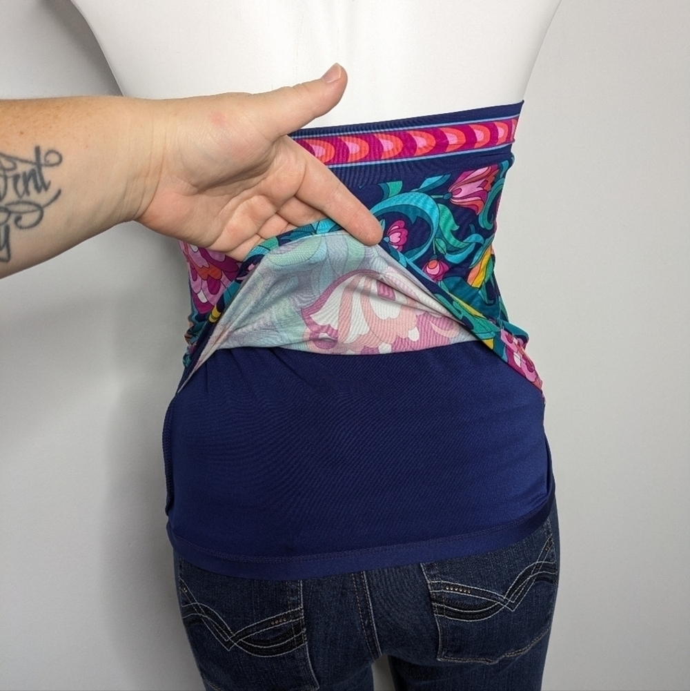 NWT Trina Turk India Garden blue high tie neck reversible tankini bikini top 2 - Picture 4 of 11